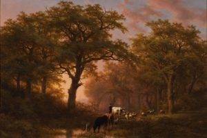 painting, Forest, Cows, Trees, Sheep, Classic art