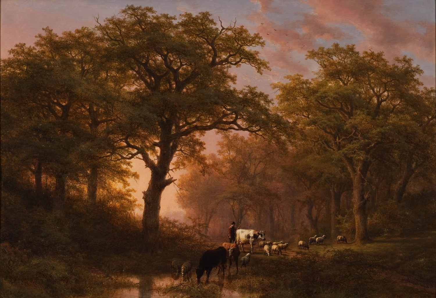 painting, Forest, Cows, Trees, Sheep, Classic art Wallpaper
