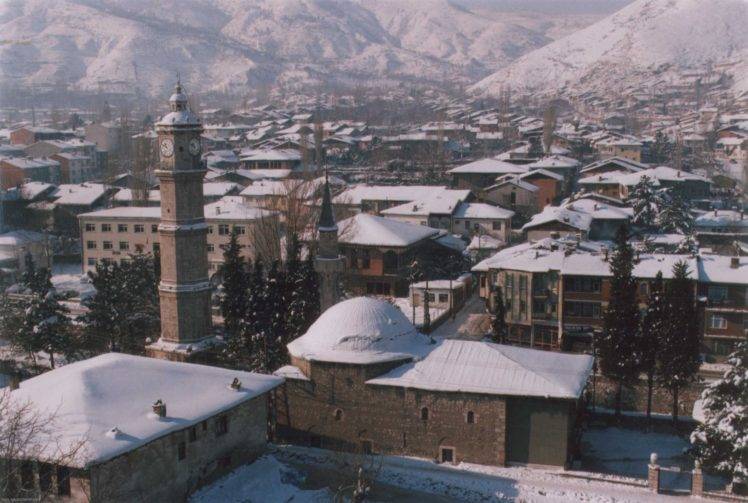 Tokat, Turkey, City, Clock tower, Mosque, Snow, Winter, Cityscape, Mountains, Islamic architecture, Trees HD Wallpaper Desktop Background