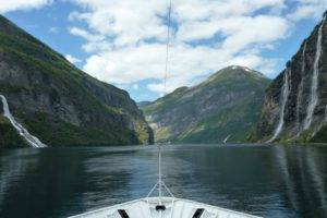 boat, Clouds, Mountains, Water, Nature, Geirangerfjord, Seven Sisters Waterfall, Norway