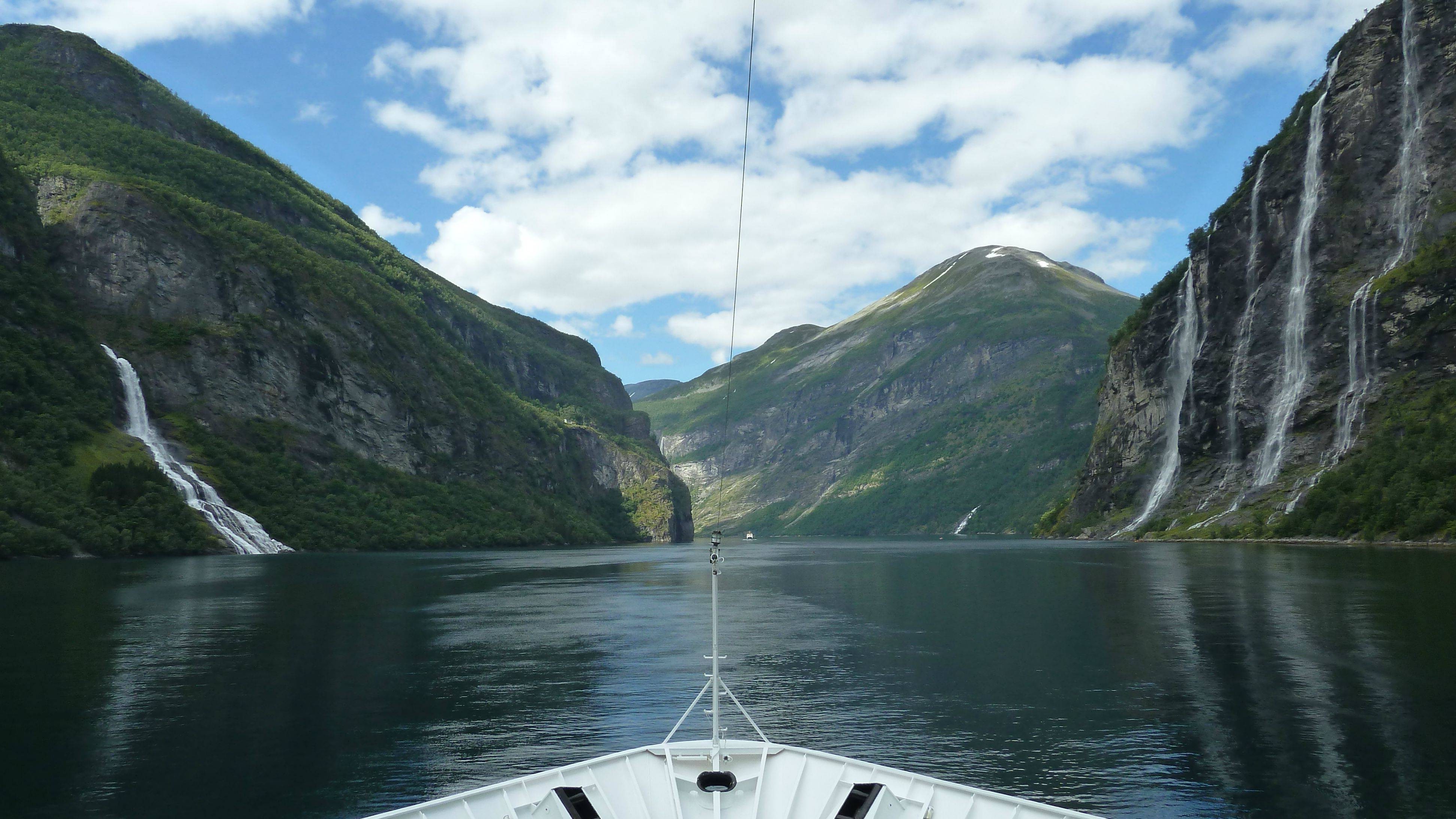 boat, Clouds, Mountains, Water, Nature, Geirangerfjord, Seven Sisters Waterfall, Norway Wallpaper