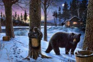 bears, Winter, Trees, Snow, Artwork