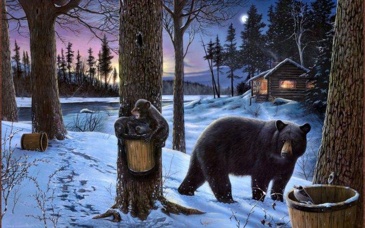 bears, Winter, Trees, Snow, Artwork HD Wallpaper Desktop Background