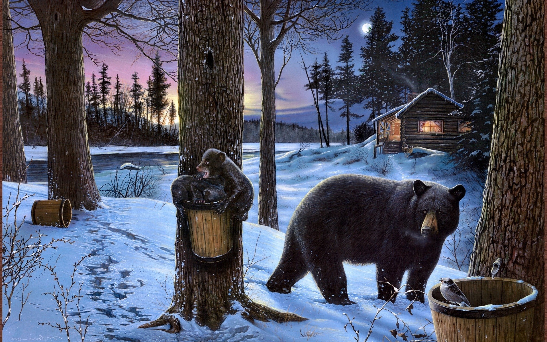 bears, Winter, Trees, Snow, Artwork Wallpaper