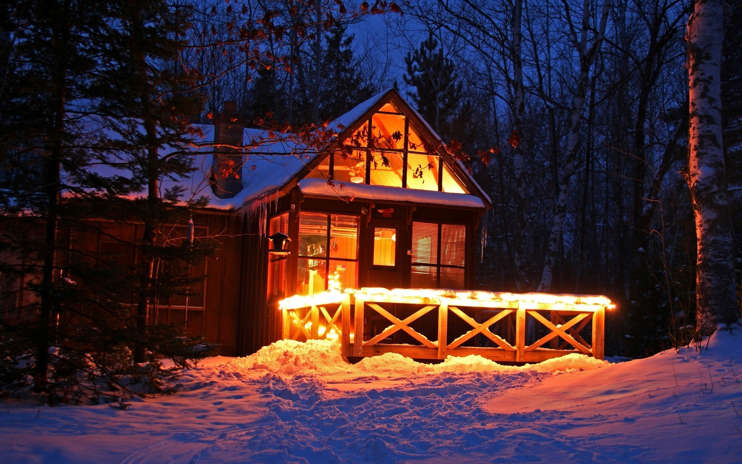 house, Winter, Snow, Lights, Forest Wallpaper