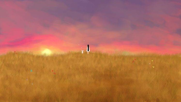 field, Sunset, Drawing, Rabbits HD Wallpaper Desktop Background
