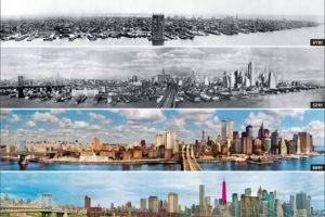 New York City, Panoramas, Evolution, Skyscraper, Building, Manhattan, Bridge, Monochrome, Cityscape, History, Infographics, USA, Clouds, Brooklyn Bridge, City, Architecture