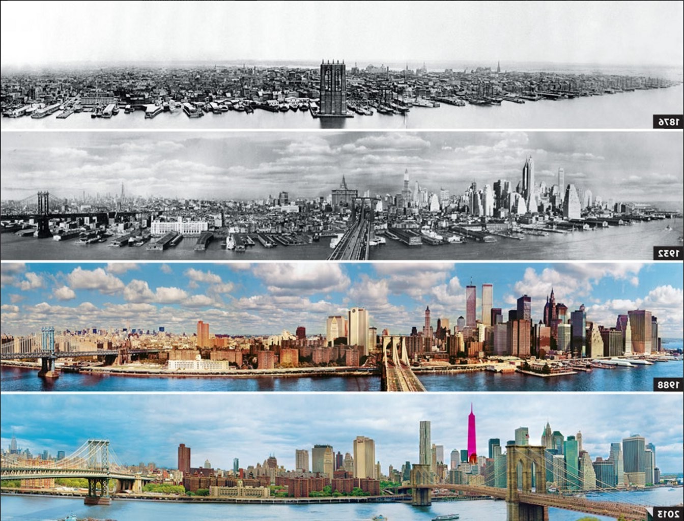 New York City, Panoramas, Evolution, Skyscraper, Building, Manhattan, Bridge, Monochrome, Cityscape, History, Infographics, USA, Clouds, Brooklyn Bridge, City, Architecture Wallpaper