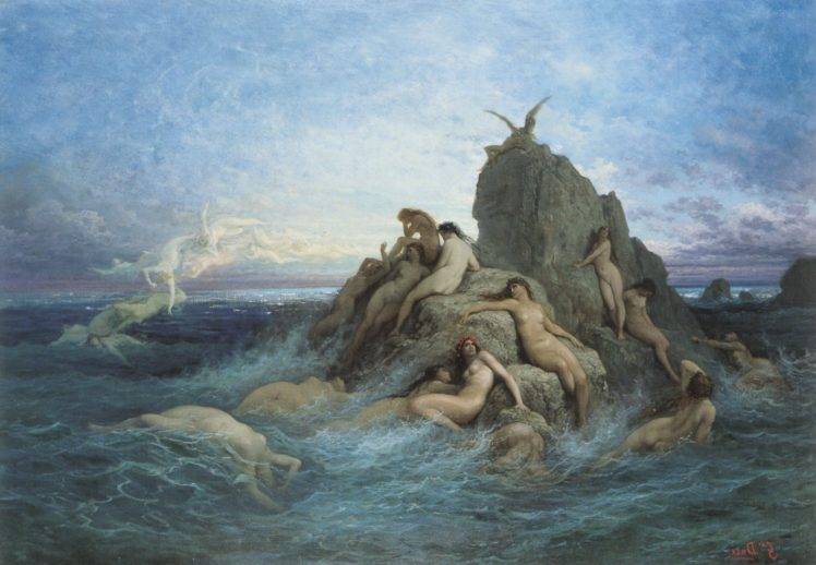 Gustave Doré, Painting, Sea, Rock, Nude, Mythology, Classic art HD Wallpaper Desktop Background