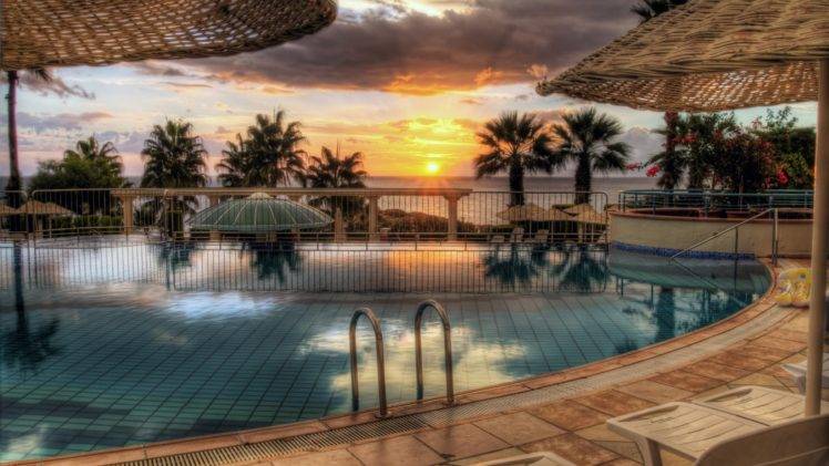 sunset, Swimming pool HD Wallpaper Desktop Background