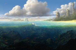 artwork, Sea, Fish, Clouds, Rock formation, Split view