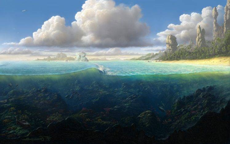 artwork, Sea, Fish, Clouds, Rock formation, Split view HD Wallpaper Desktop Background