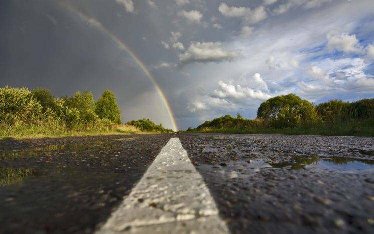 road, Clouds, Water, Trees, Rainbows HD Wallpaper Desktop Background