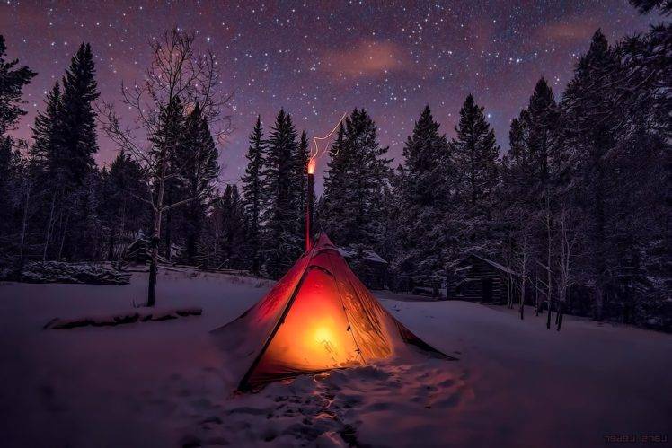 winter, Snow, Tents, Sky, Trees, Night, Forest HD Wallpaper Desktop Background