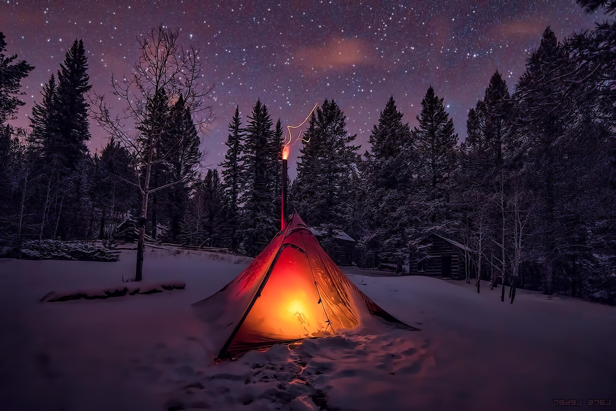 winter, Snow, Tents, Sky, Trees, Night, Forest Wallpaper