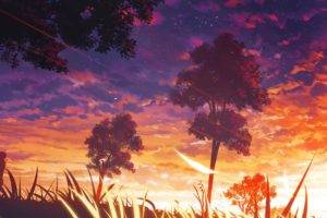 evening, Trees, Sky, Anime, Sun rays