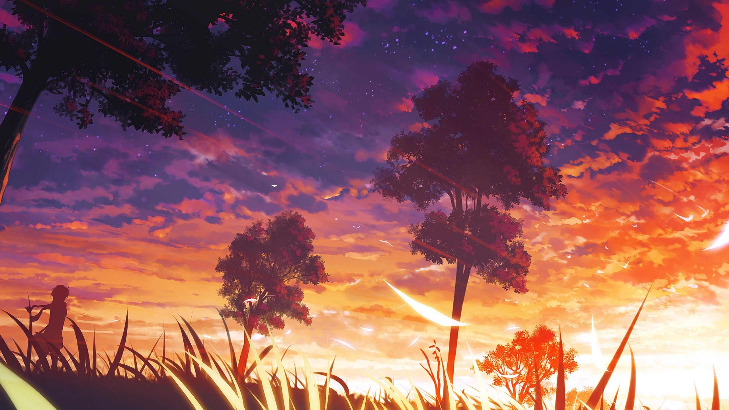 evening, Trees, Sky, Anime, Sun rays Wallpaper