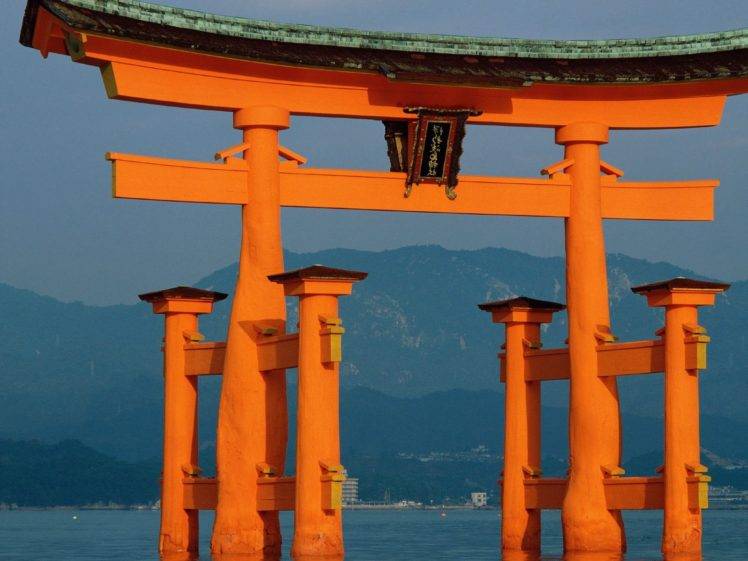torii, Asian architecture, Mountain, Japan, Sea HD Wallpaper Desktop Background