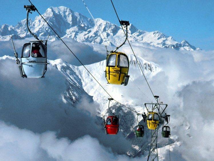 mountain, Snow, Ski lifts, Clouds HD Wallpaper Desktop Background