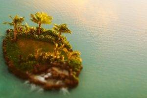island, Sea, Palm trees, Tilt shift