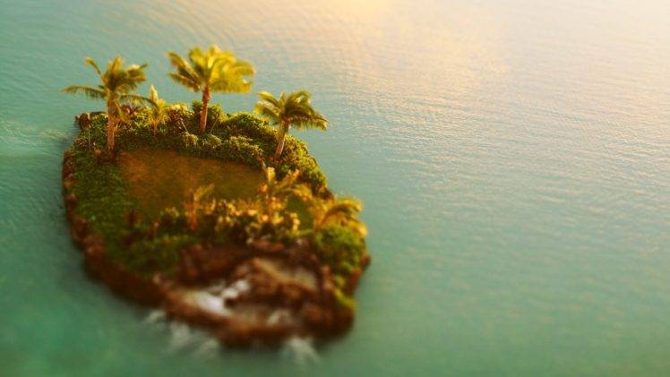 island, Sea, Palm trees, Tilt shift HD Wallpaper Desktop Background