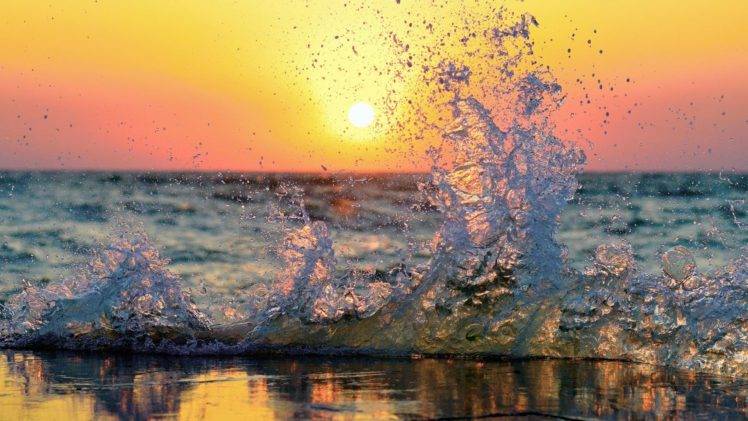 sea, Waves, Splashes, Sun, Water, Shoreline HD Wallpaper Desktop Background