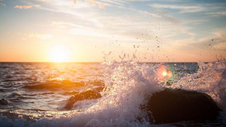 waves, Sea, Sunlight, Rock, Lens flare HD Wallpaper Desktop Background