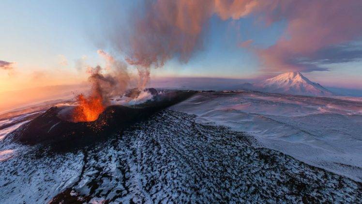 volcano, Mountain, Winter, Snow, Lava, Clouds HD Wallpaper Desktop Background