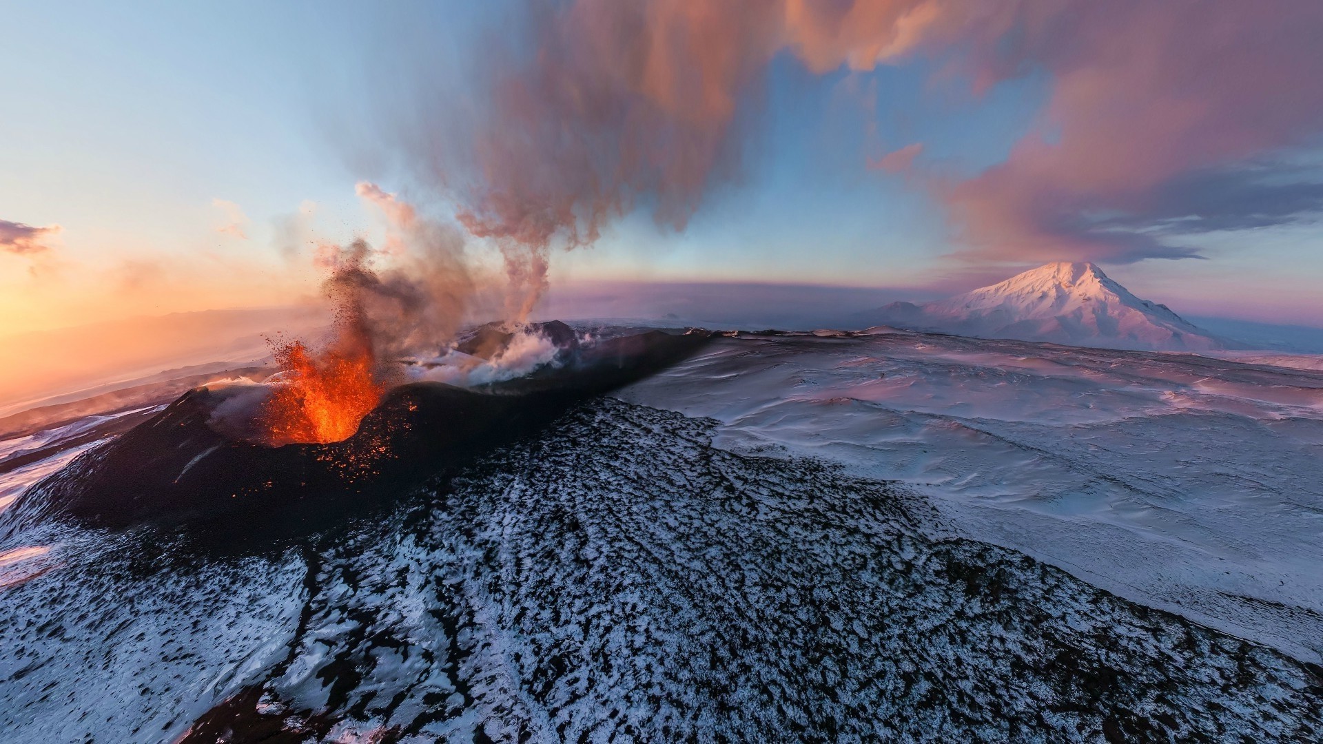 volcano, Mountain, Winter, Snow, Lava, Clouds Wallpaper