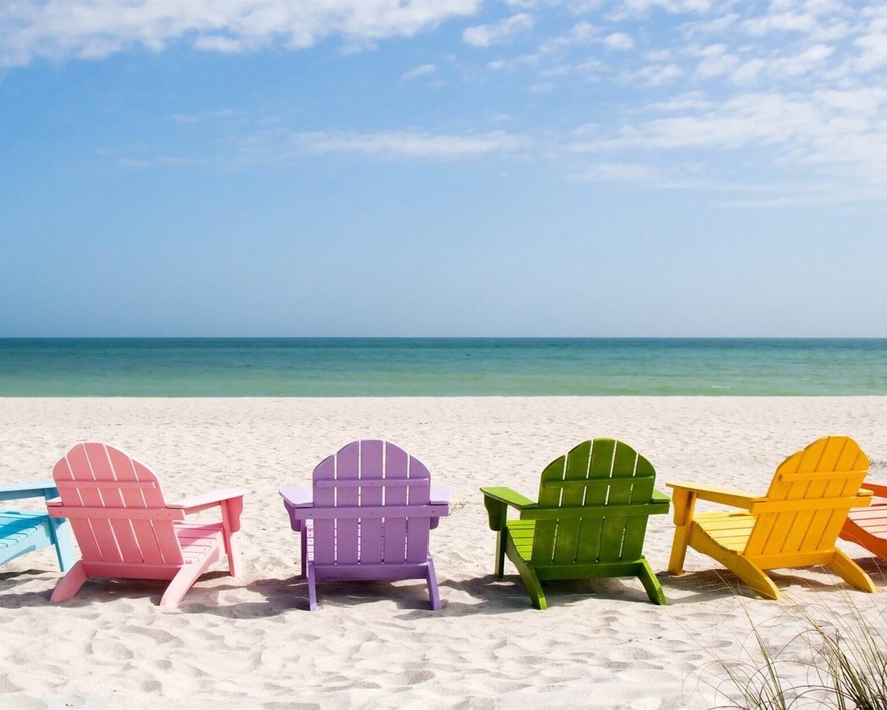 deck chairs, Sand, Beach Wallpaper