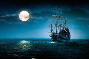 pirates, Ship, Moon, Sea