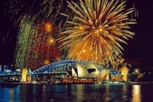 Sydney Opera House, Bridge, Sea, Fireworks