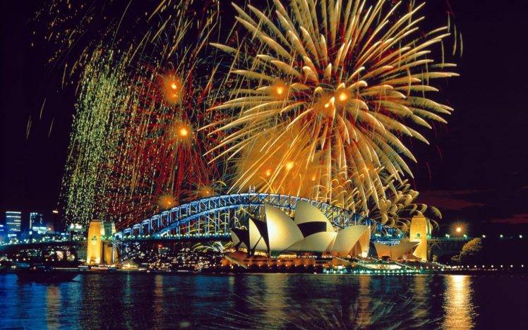 Sydney Opera House, Bridge, Sea, Fireworks HD Wallpaper Desktop Background