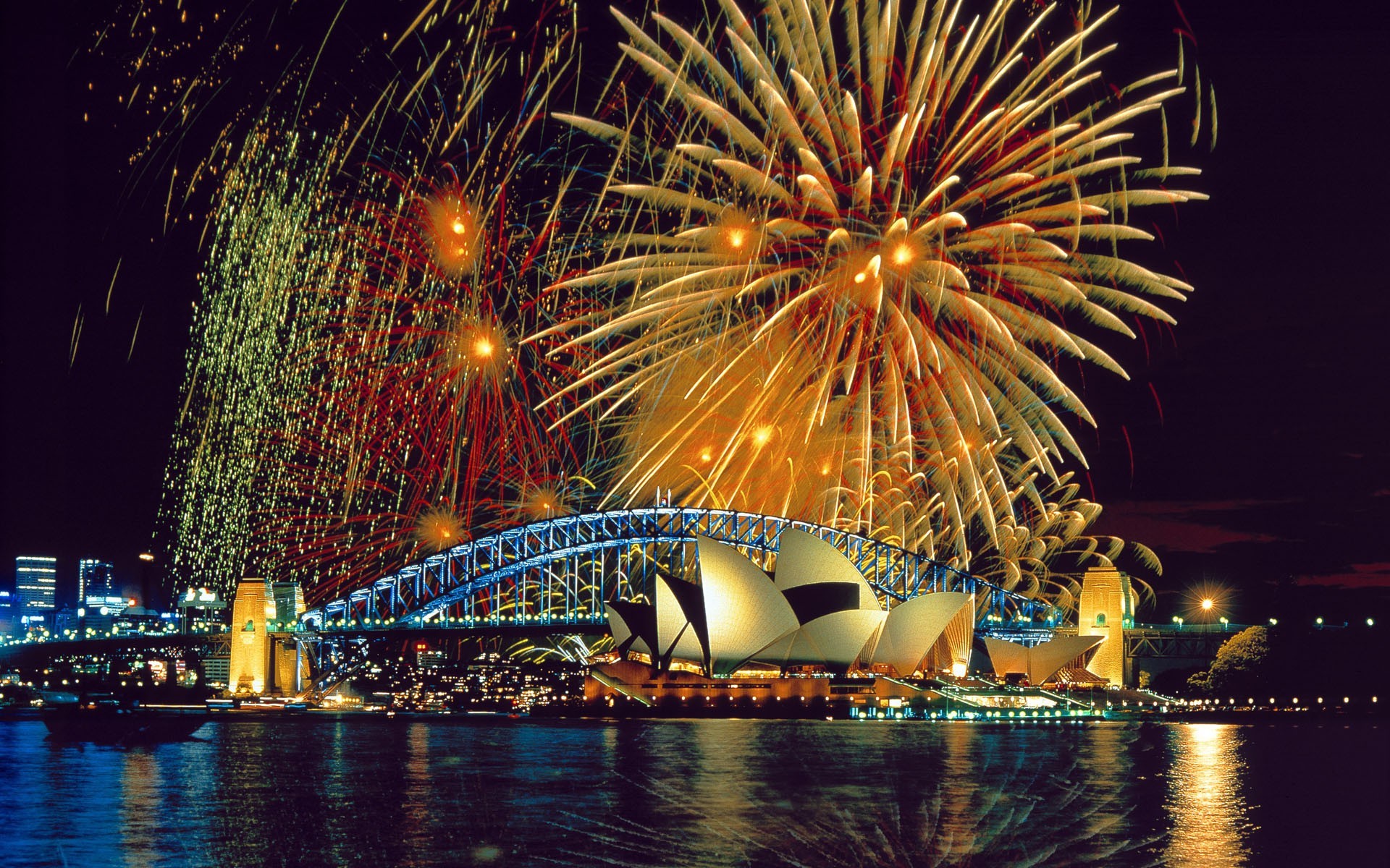 Sydney Opera House, Bridge, Sea, Fireworks Wallpaper