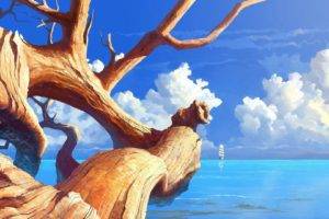 artwork, Trees, Boat, Sea, Clouds