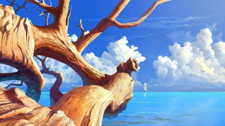 artwork, Trees, Boat, Sea, Clouds HD Wallpaper Desktop Background
