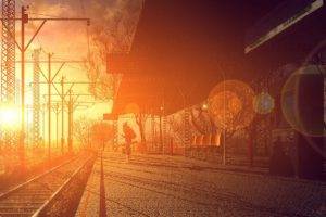 train station, Sunset, Lens flare