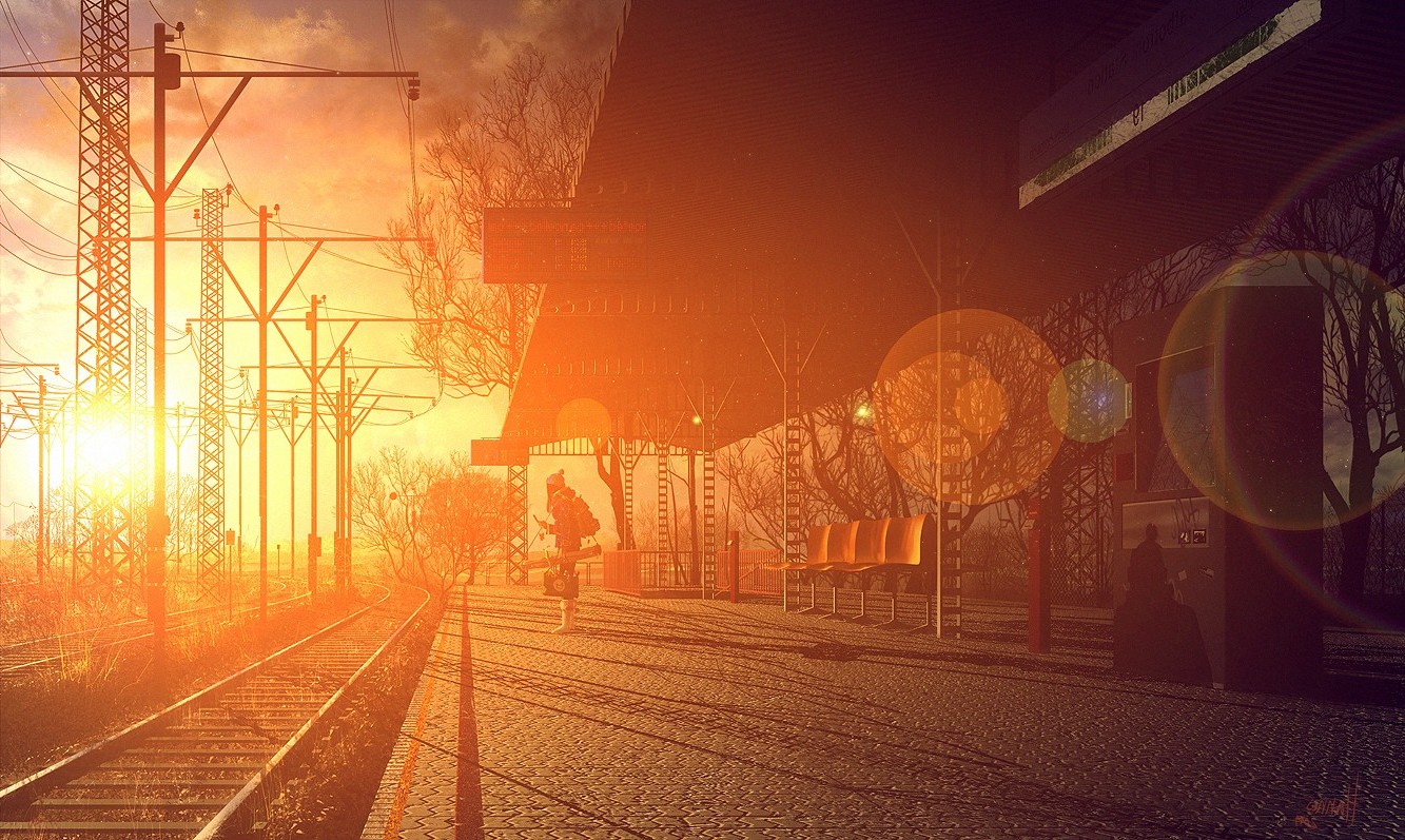 train station, Sunset, Lens flare Wallpaper