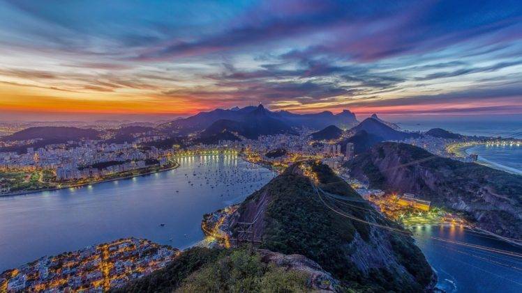 Rio de Janeiro, Cityscape, Hill, Long exposure, Boat, Sea, Brazil HD Wallpaper Desktop Background