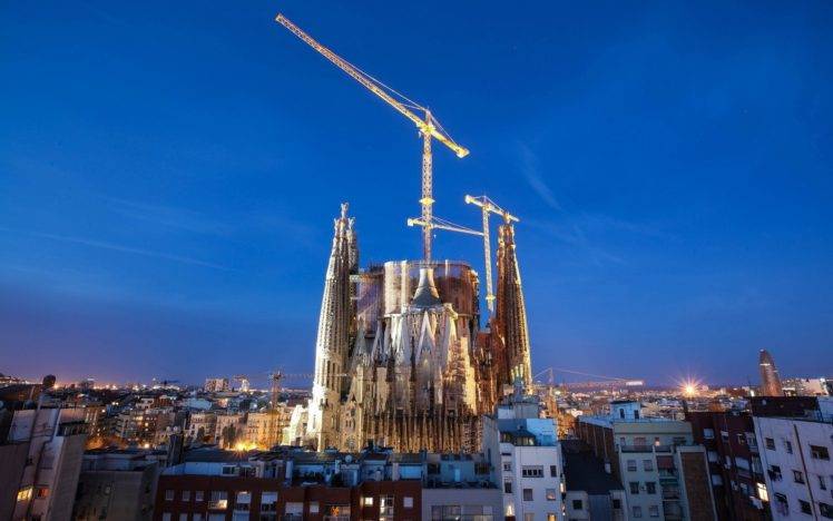 cityscape, Night, Lights, Architecture, Old building, Sky, Water, Reflection, Long exposure, Barcelona, Spain, Cranes (machine), Sagrada Familia HD Wallpaper Desktop Background