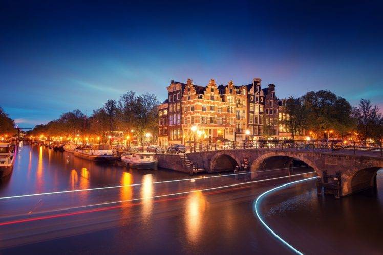 cityscape, Night, Lights, Architecture, Old building, Sky, Water, Reflection, Long exposure, Boat, Amsterdam, Netherlands, Bridge, Trees, Light trails HD Wallpaper Desktop Background