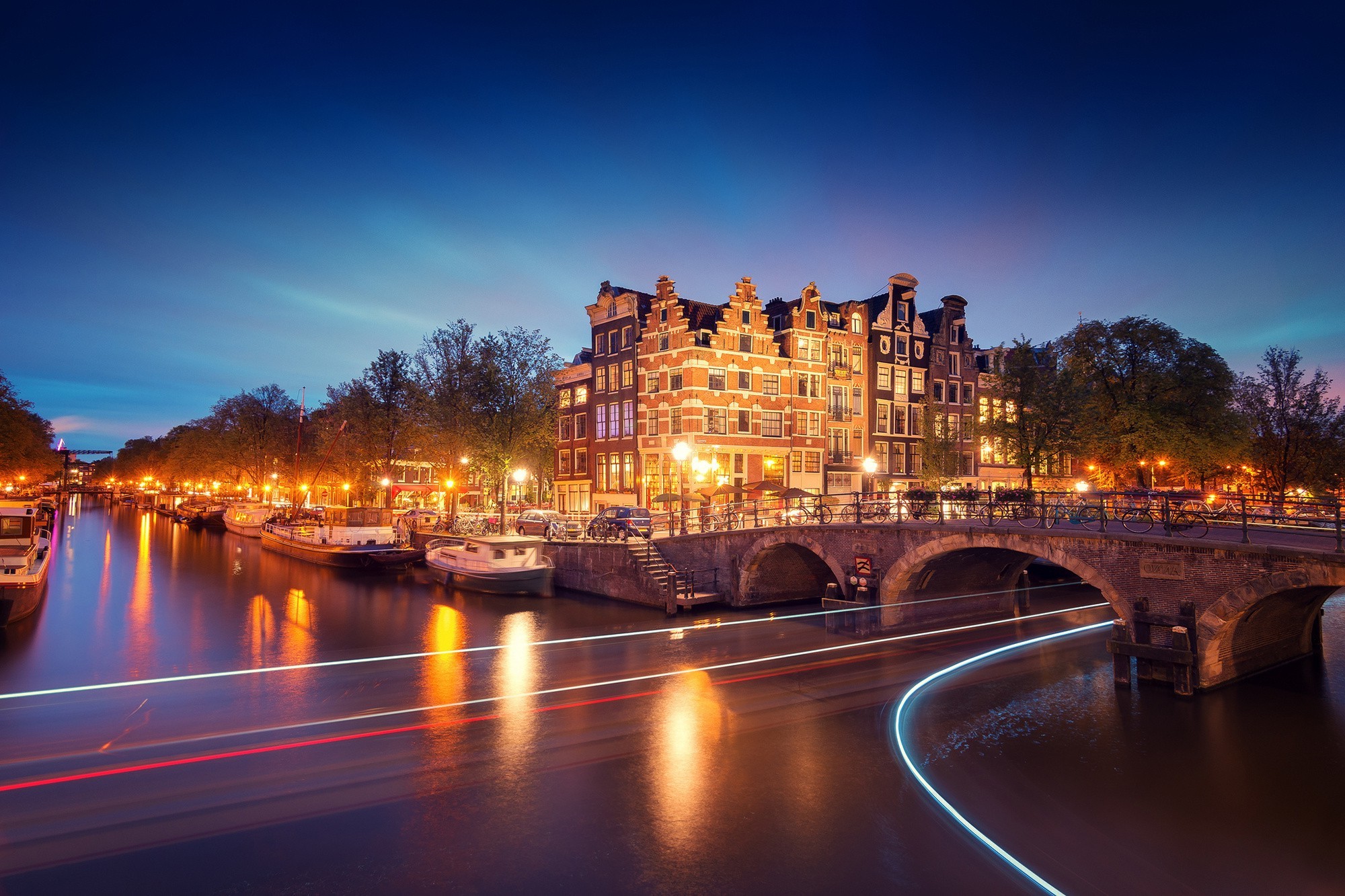 cityscape, Night, Lights, Architecture, Old building, Sky, Water, Reflection, Long exposure, Boat, Amsterdam, Netherlands, Bridge, Trees, Light trails Wallpaper