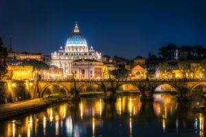 cityscape, Night, Lights, Architecture, Old building, Sky, Water, Reflection, Long exposure, Rome, Vatican City, Bridge, Trees, Italy, Cathedral