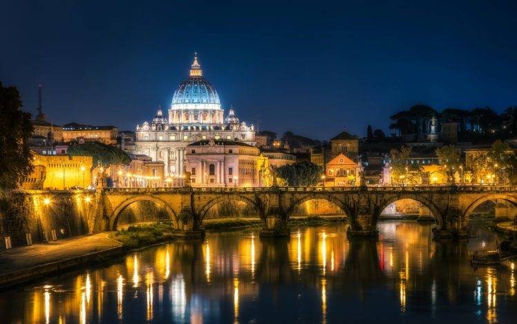 cityscape, Night, Lights, Architecture, Old building, Sky, Water, Reflection, Long exposure, Rome, Vatican City, Bridge, Trees, Italy, Cathedral HD Wallpaper Desktop Background