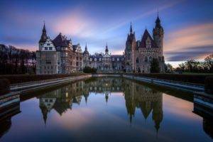 night, Lights, Architecture, Old building, Sky, Water, Reflection, Long exposure, Castle, Poland, Trees, Sunset