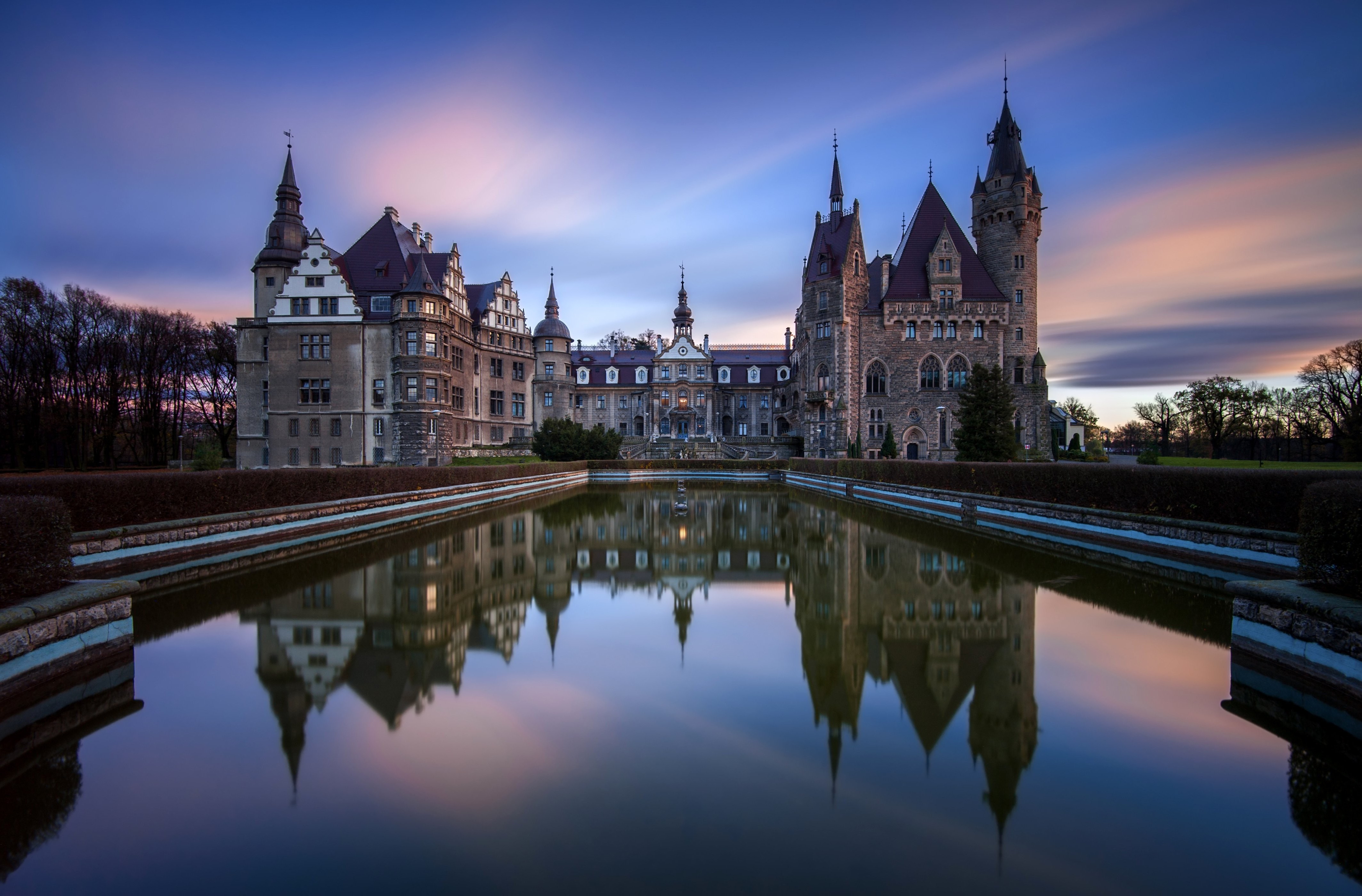 night, Lights, Architecture, Old building, Sky, Water, Reflection, Long exposure, Castle, Poland, Trees, Sunset Wallpaper