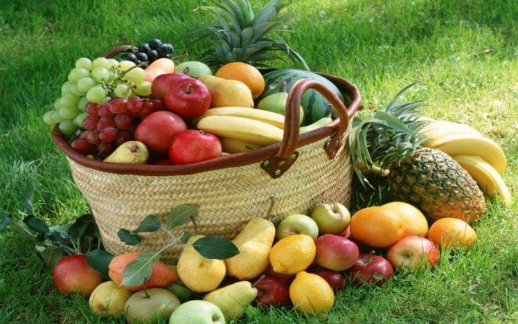 baskets, Grapes, Apples, Grass, Bananas, Lemons HD Wallpaper Desktop Background