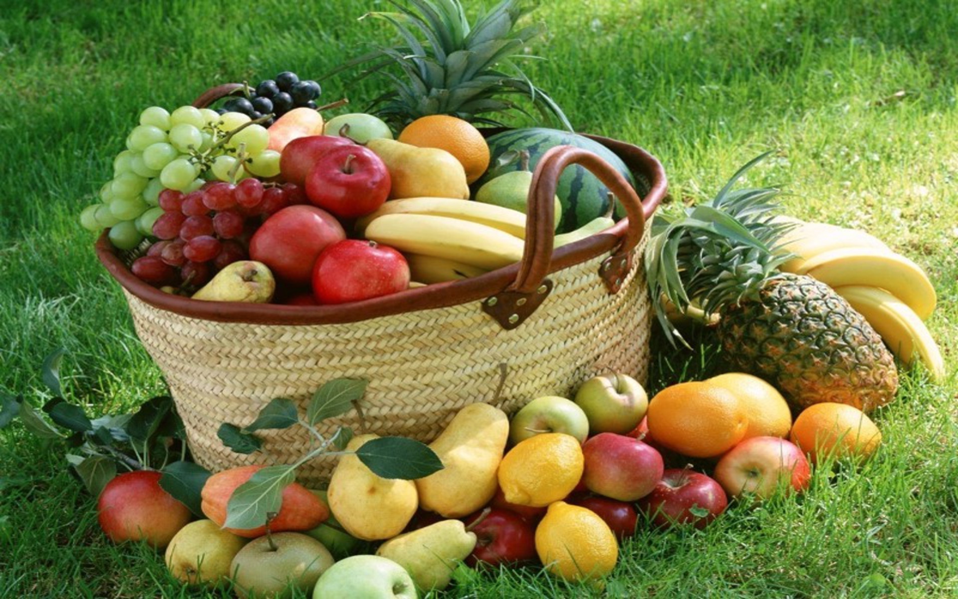 baskets, Grapes, Apples, Grass, Bananas, Lemons Wallpaper