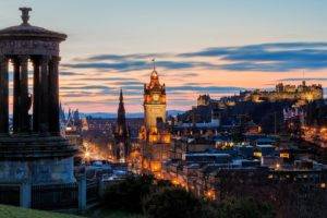cityscape, Edinburgh, Scotland, Castle, Hill, Old building, Sky, Clouds, Sunset, Lights, Church, Monuments, Flag, Long exposure, UK