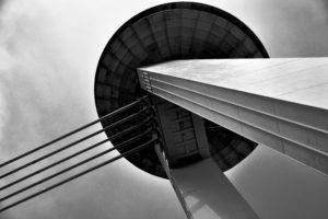 architecture, Bridge, Bratislava, Slovakia, Monochrome, Ropes, UFO, Sky, Worms eye view